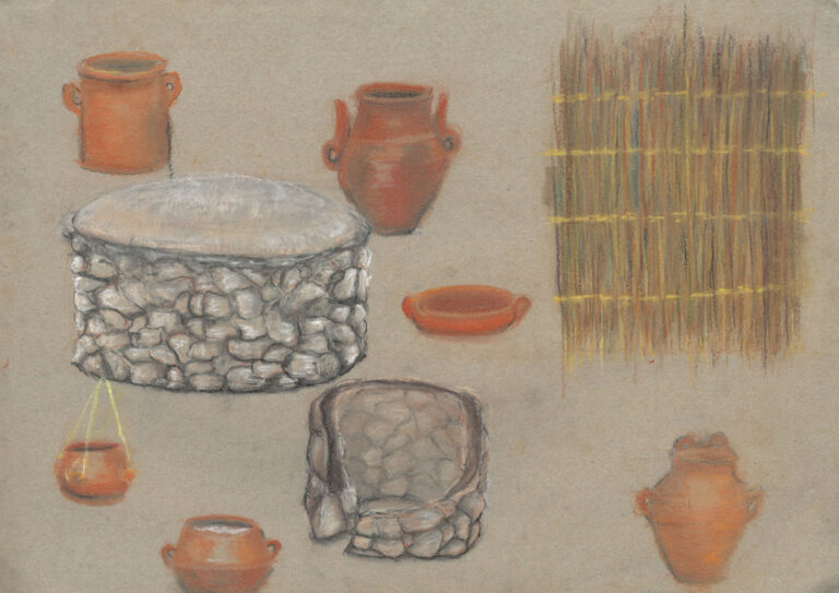 Ilustración a pastel y lápiz sobre algunos utensilios y casa de piedra