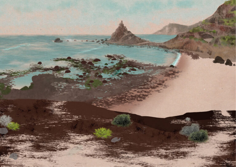 Ilustración digital del entorno y paisaje costero del poblado